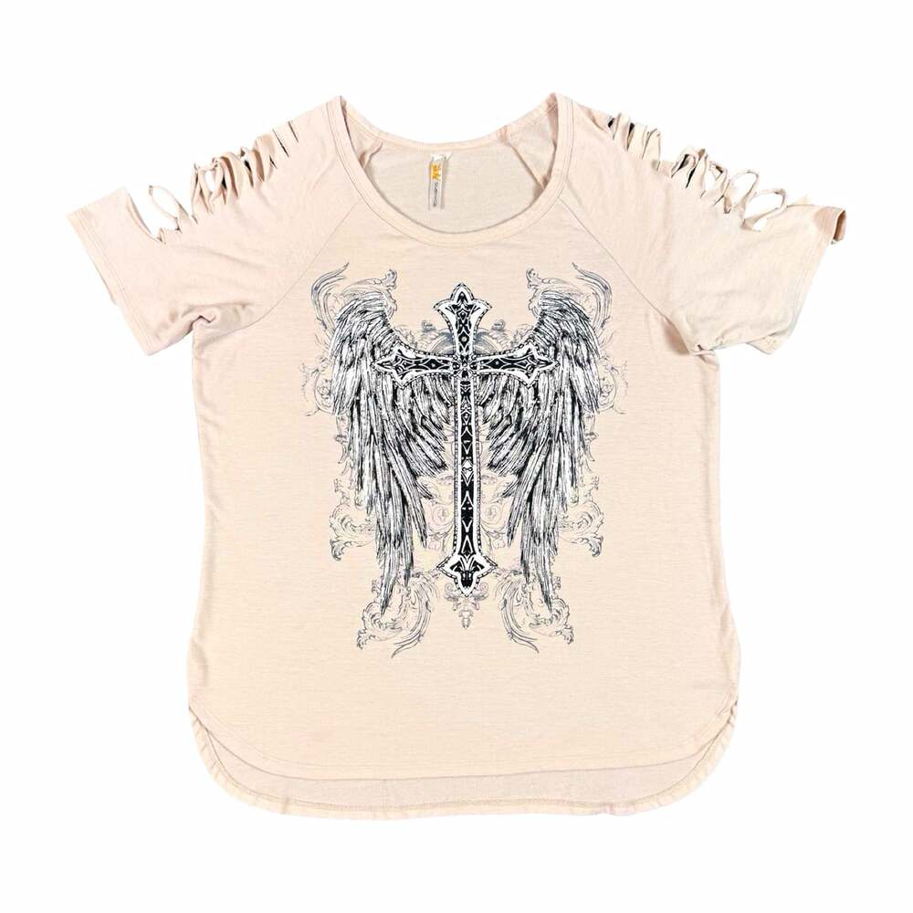 Vintage Y2K Women’s Beige Cut-Out Short Sleeve Angel Graphic T-Shirt Size M